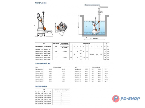 Насос фекальный Pedrollo VX10/35-ST кабель 10м