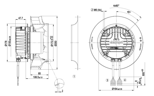 Центробежный вентилятор ebmpapst R3G250RR01H1~(500/0,5кВт) 3740 об/мин