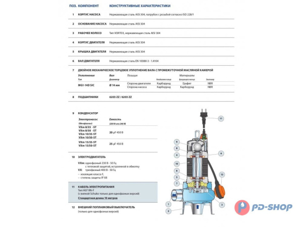Насос фекальный Pedrollo VX10/35-ST кабель 10м